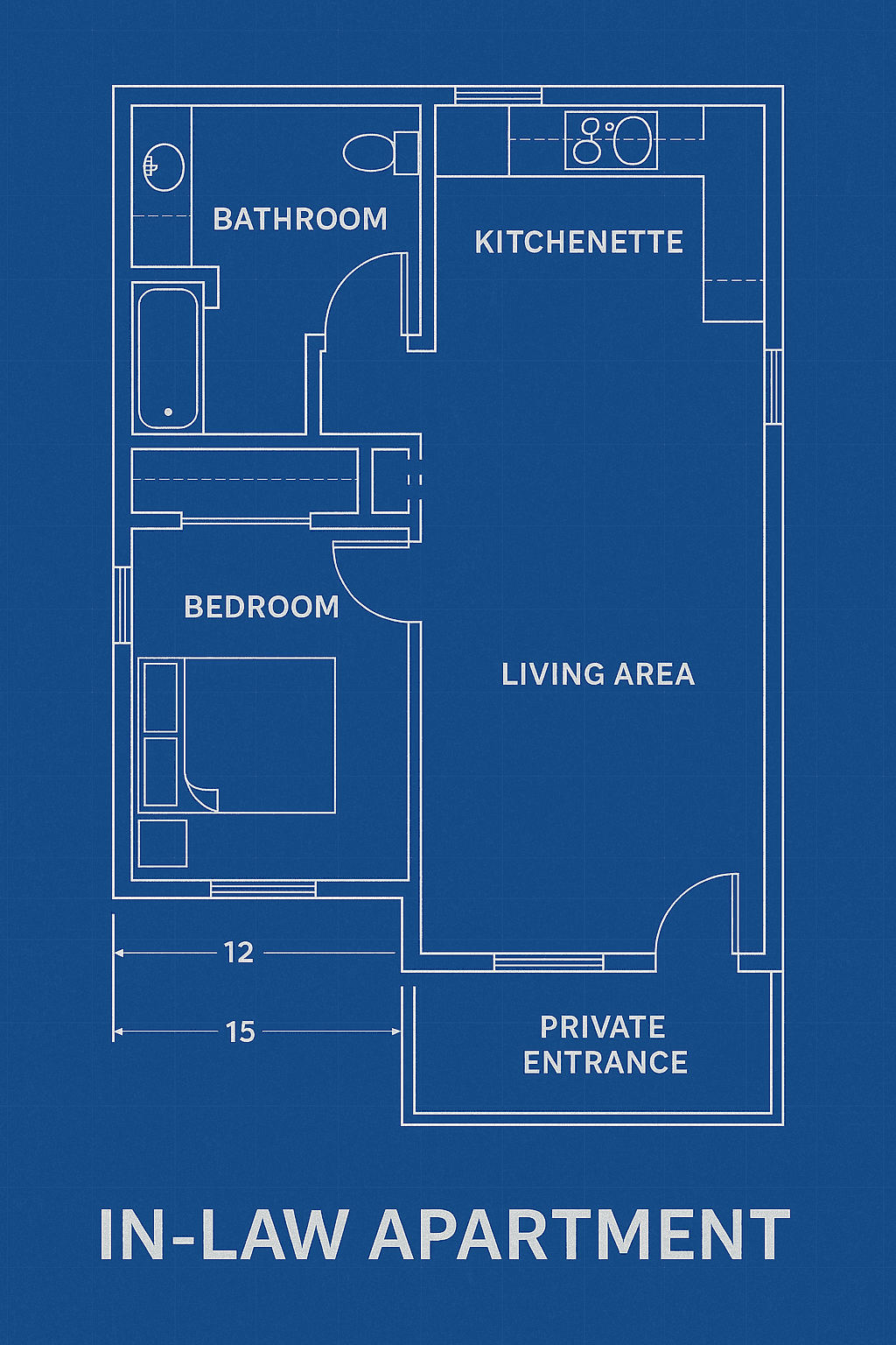 Blueprint layout of an in-law apartment addition in Connecticut showing living area, bedroom, kitchenette, bathroom, and private entrance