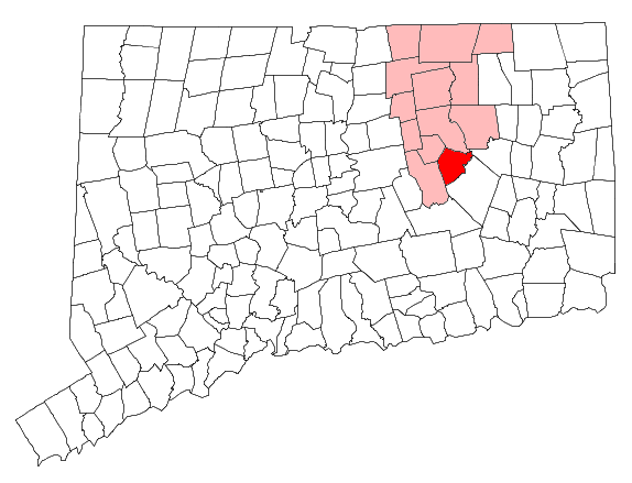 Map showing the town of Columbia highlighted in red within Tolland County and within the state of Connecticut.